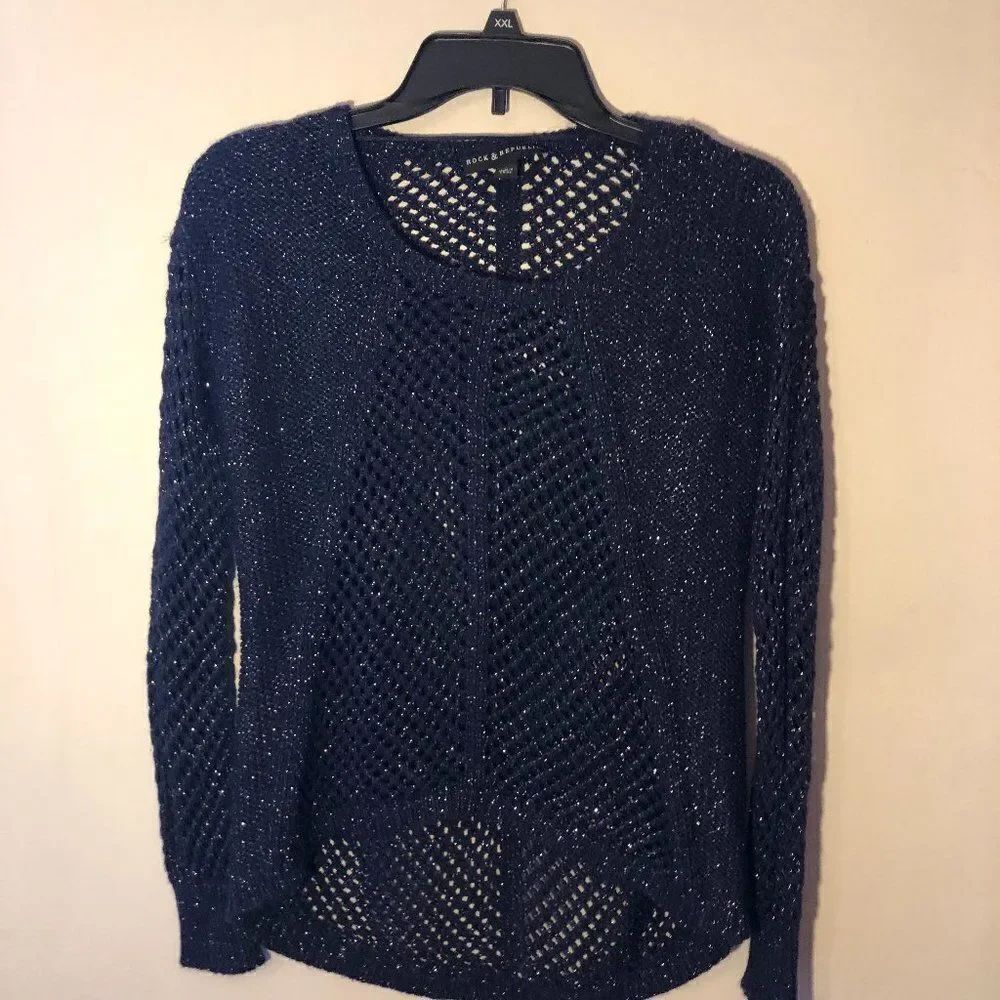 Rock Republic Women Sweater Size S Large Knit Blue & silver Long Sleeve SB